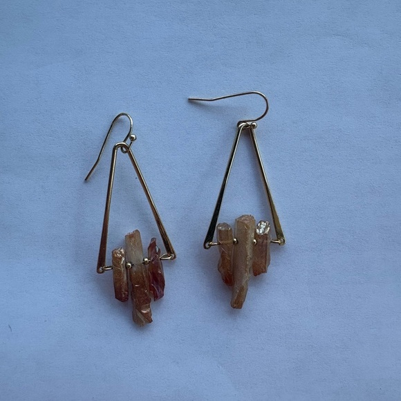 Gold Tone Geometric Earrings with genuine quartz stones fish hook back - Picture 1 of 5